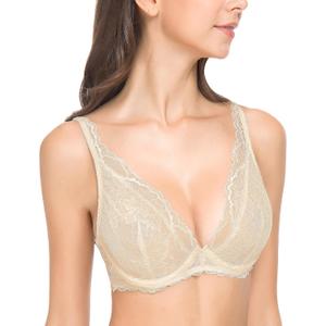 Wingslove Women's Sexy Bra Sheer Lace Bra Plunge Unlined Full Coverage See Through Underwire Bra (32B, Nude)