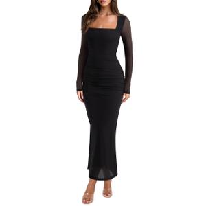 REORIA Long Sleeve Wedding Guest Maxi Dresses for Women Sheer Mesh Square Neck Ruched Bodycon Long Dress 2026 Spring Outfits, Medium