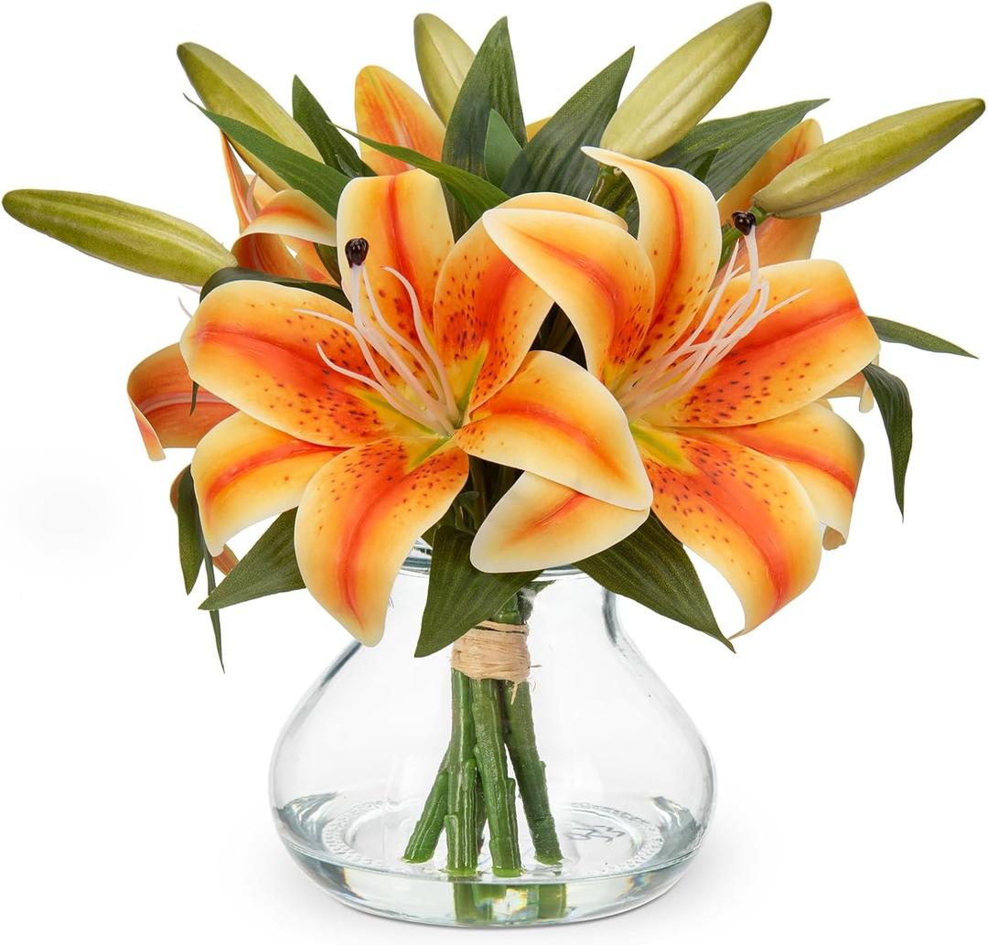 Hollyone Fall Artificial Flowers in Vase Tiger Lily Real Touch Orange Silk Faux Flowers Arrangements with Glass Vase with Faux Water Fake Floral Bulk Lily Bouquet Shelf Table Centerpiece Home Decor