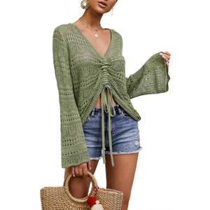 Saodimallsu Womens Boho Off Shoulder Sheer Crop Tops Bell Sleeve Flowy Oversized Crochet Ruched Pullover Sweaters (Medium, Army Green)
