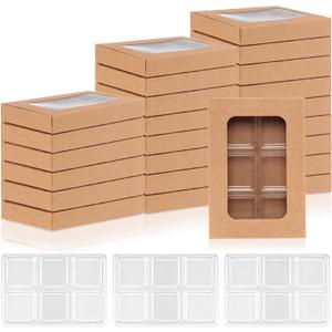100 PCS Gift Boxes for Wax Melts 6 Cavity Plastic Mold with Box Kraft Wax Melt Boxes Crystal Clear Wax Melt Molds Wax Melts Containers for Wax Cubes Wax Tarts Wax Block(4 * 2.8 Inch)