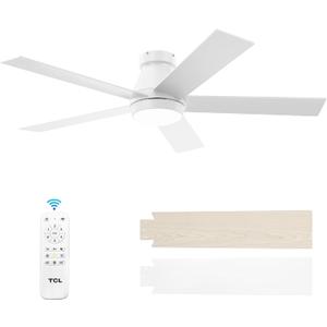 TCL 52" Modern Ceiling Fan with Lights, 5 Blades, 6 Speeds DC Reversible, Dimmable, White Flush Mount for Bedroom, Living Room and Garage, White