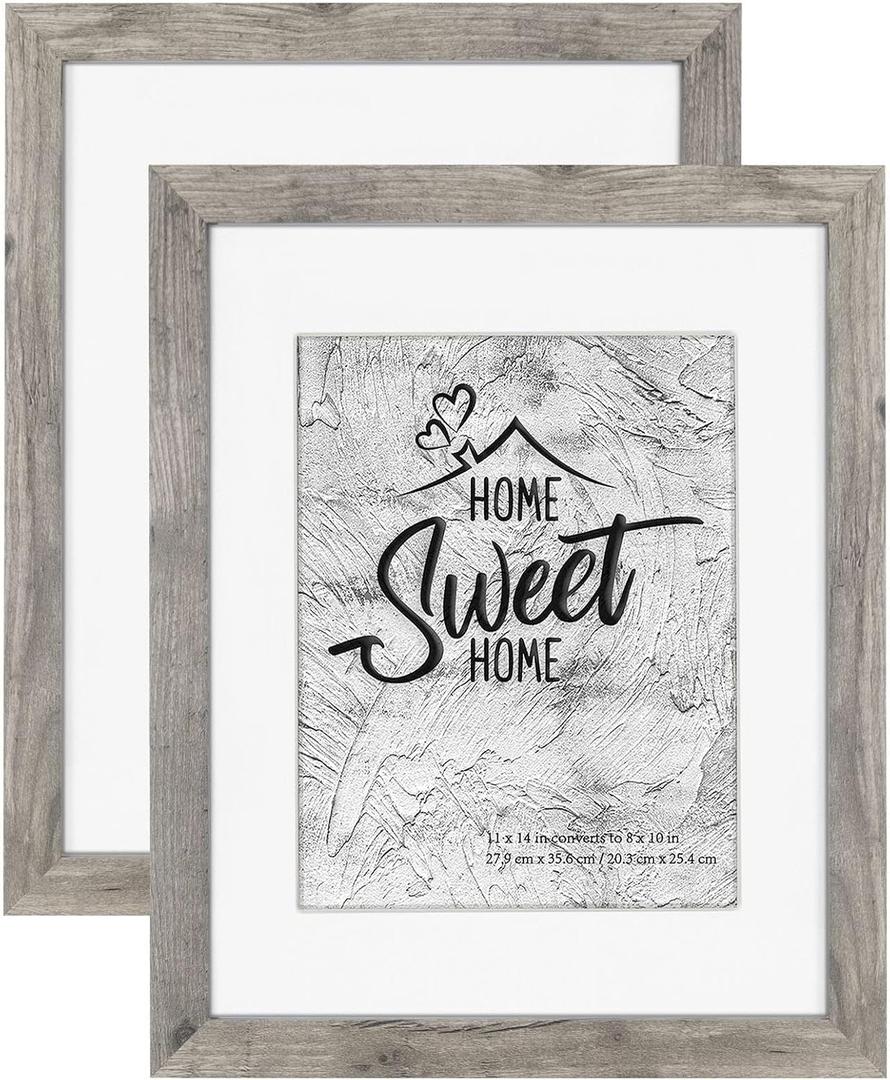 Grey Wooden 11x14 Picture Frame Set of 2 - Display Photos 8x10 with Mat or 11x14 Without Mat, Wall Mounting Frames