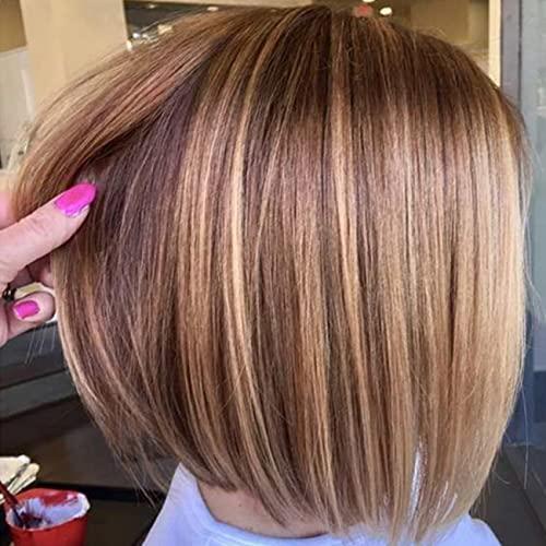 TISHINING Side Part Layered Burgundy Short Bob Wigs for White Women Ombre Burgundy Mix Blonde Bob Straight Hair Wig with Dark Roots Synthetic Natural Looking Daily Party Wig(12 inch)
