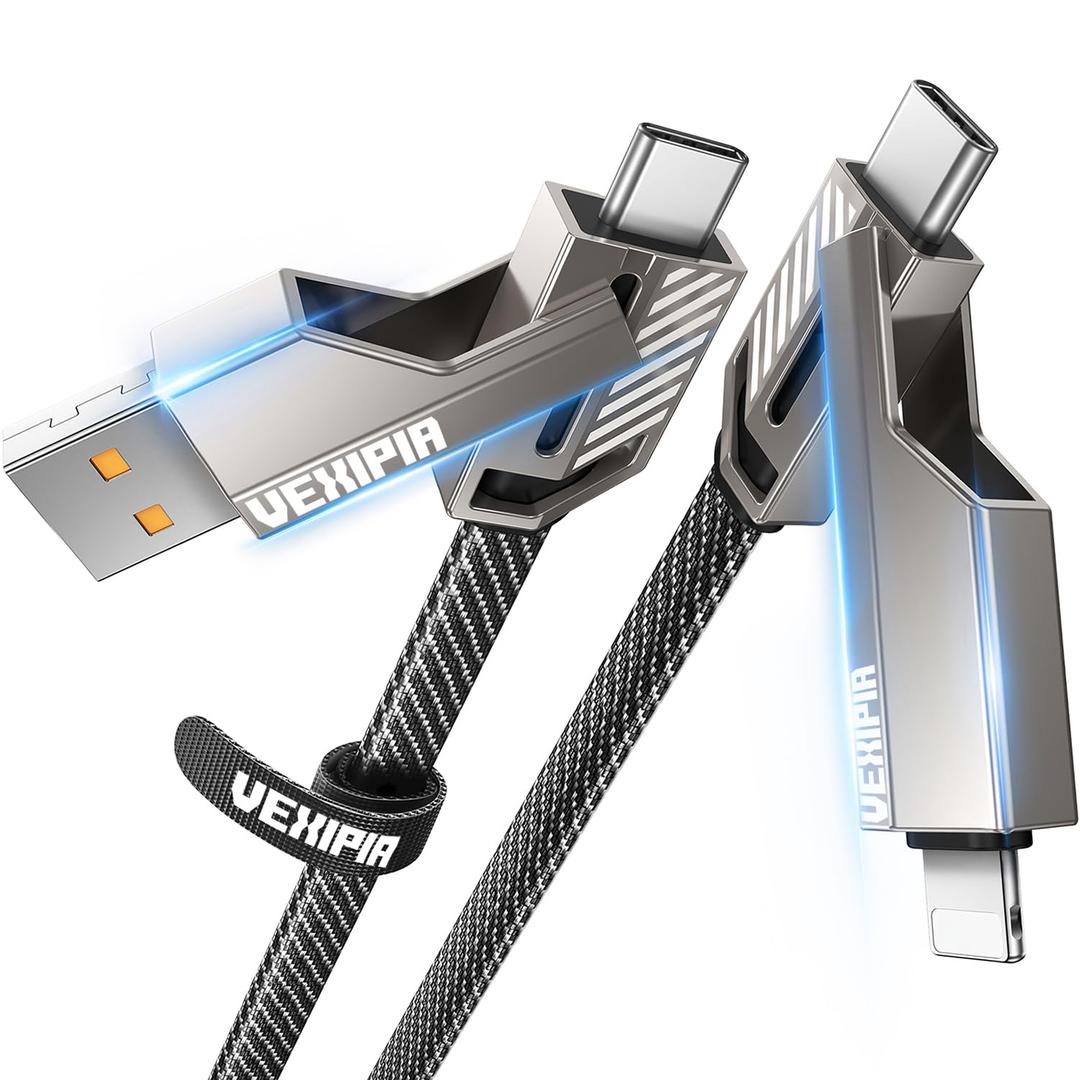 [Upgraded] 4-in-1 USB C Cable 60W 5FT Lightning Cable Fast Charging Flat Nylon Braided for iPhone iPad Charger Cord [480Mbps Data Sync] Multi Charge Wire Combo with Lightning/Type C/USB A Port