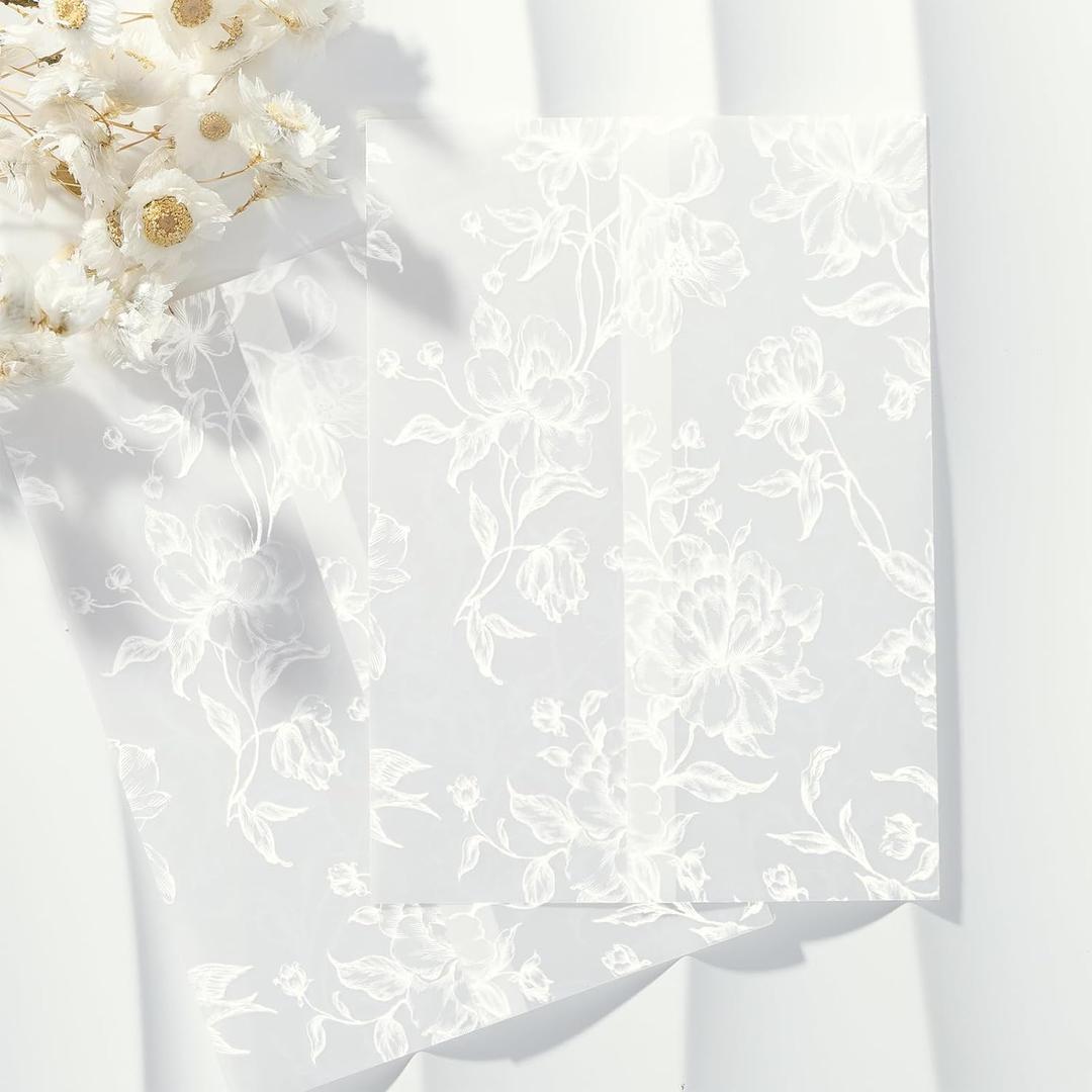 UNIQOOO 50 Pack White Grace Bloom Vellum Jackets for 5x7 Invitations, 115GSM Pre-Folded Vellum Paper, for Wedding Invitations Wraps, Vintage Theme Wedding & Events