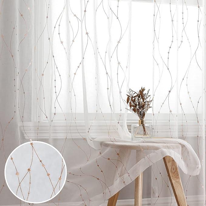 SMILE WEAVER White Sheer Curtains 95 Inch Long for Living Room,Privacy & Light Filtering Semi Sheer Curtain with Star Print Design,Lightweight Voile Transparent Bedroom Window Drapes,2 Panels