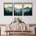 3 Piece Sage Green Mountain Wall Art 24x16 Inch Nature Landscape Forest Modren Wood Framed Sign Office Minimal Watercolor Pine Tree Pictures For Living Room Bedroom Wall Hang Decor (Black) (24L" x 16W", Black)