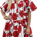 Women's Summer Short Puff Sleeve Floral Dress Button Down Loose Fit Casual Shirt Dresses (White, L)