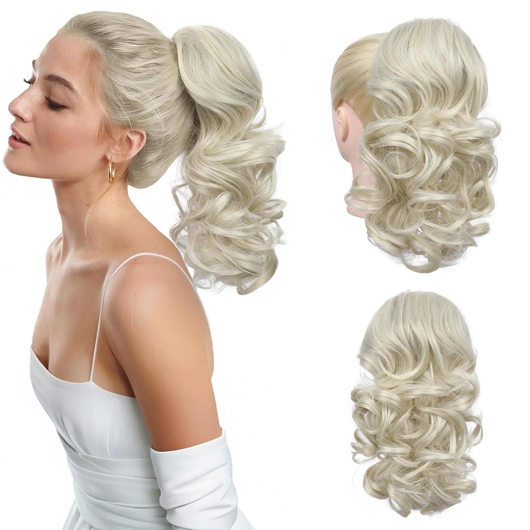 Flufymooz Ponytail Extension, 14 Inch Short Drawstring Ponytail Hair Extension for Women, Soft Synthetic Pony Tails Hairpiece for Women (White Blonde)