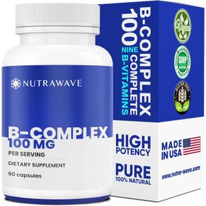 Nutrawave VITAMIN B COMPLEX 100, 9 Complete Bs - B1- B12 for Men & Women, Reduce Stress, Immune Support, Hair, Skin, Supports Energy Levels & Brain Function  Vegan - 60 Capsules / 2-month supply