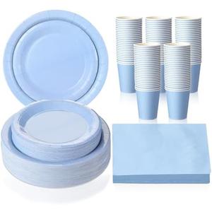 Tioncy 200 Pcs Blue Disposable Paper Plates Cups and Napkins Party Supplies Serve 50 Guests Disposable Paper Dinnerware Set for Birthday Wedding Baby Shower Family Picnic