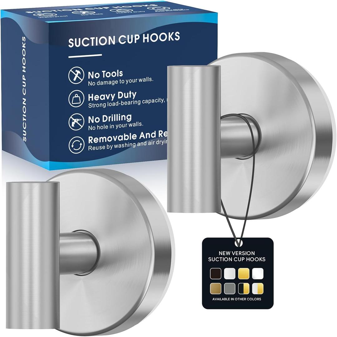 MOTAIPEAK Suction Cup Hooks for Shower,Heavy Duty Shower Towel Suction Hooks,No Drill Wall Mounted Towel Hooks for Bathrooms Wall,Kitchen,Glass,Mirror,Tile to Hang Towels,Robes,Coat-Silver(2 Pack)