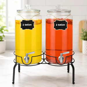 2 Gallon Beverage Dispenser 2 Pack, Stainless Steel Spigot Drink Dispenser for Parties with Stand, Clear Glass Drink Container Easy to Refill and Clean