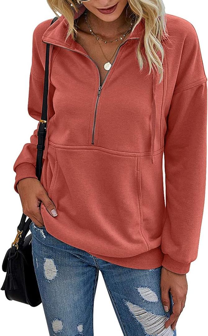 PRETTYGARDEN Women's Casual Long Sleeve Lapel Zipper Sweatshirt Drawstring Loose Pullover Tops (Large, Orange)