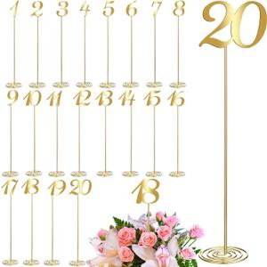 Therwen 20 Pcs Metal Table Numbers 1-20 Table Numbers for Wedding Reception 12 Inch Stainless Steel Party Desk Figure with Sturdy Holder Base for Banquet Wedding Party Event Catering(Gold)