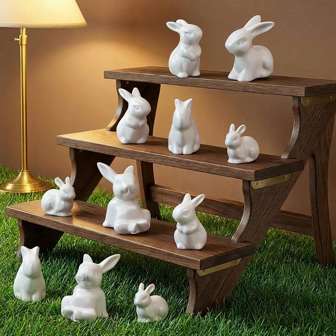 Remerry Set of 12 Pieces Ceramic Bunny Figurine White Bunny Rabbits Decor Porcelain Spring Decorative Rabbit Mini Art Modern Creative Statue for Garden Home Spring Decor Gift