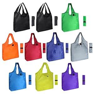 Aricsen 10 Pack Durable Colorful Folding Reusable Grocery Bags Handles Bulk Strong, Recycle Shopping Foldable Lightweight Kitchen Large Washable Pocket Nylon, Polyester Color Cloth Fabric