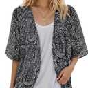 Women's Floral Print Puff Sleeve Kimono Cardigan Loose Cover Up Casual Blouse Tops (Black, M)
