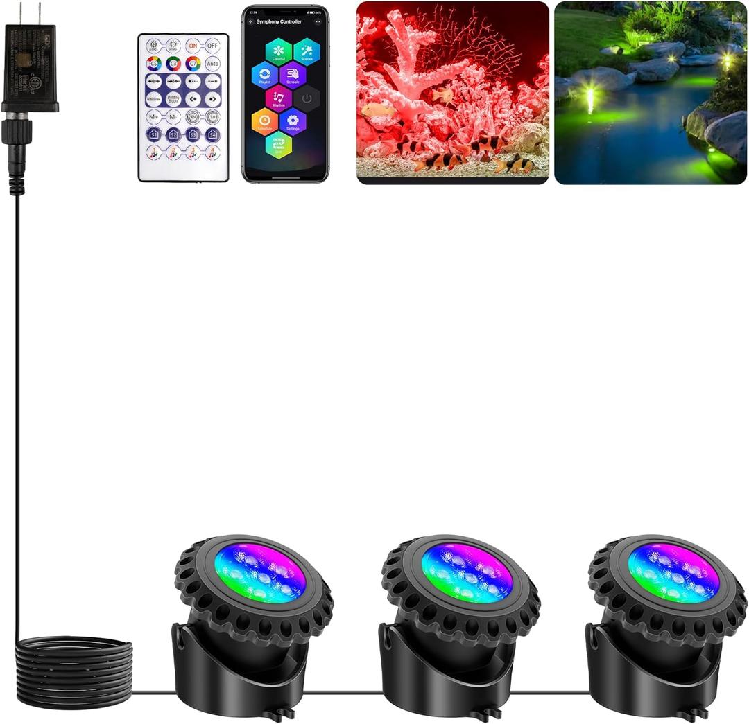 T-SUN Colored Pond Lights with Timer, LED Underwater Submersible Fountain Fish Tank Landscape Lights - Bluetooth APP & Remote Control, IP68 Waterproof (Set of 3)