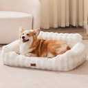 Dog Couch Bed - Fluffy Dog Sofa, Large Orthopedic Pet Sofa Bed with Removable Washable Cover, Faux Fur Calming Cute Pet Couch with Supportive Egg Foam and Non-Slip Bottom, Ivory White (35.0"L x 25.0"W x 12.5"Th)