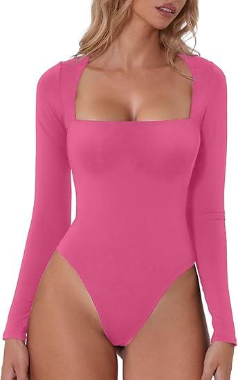QINSEN Women's Sexy Square Neck Bodysuit Long Sleeve Double Lined Shirt Tops,Seze M