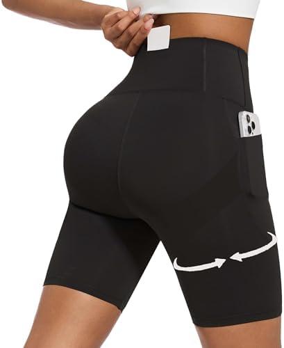 Curvphilo Women's Short Side Pockets High Waist Workout Running Shorts Tummy Control Butt Lifting Athletic Gym Shorts, M