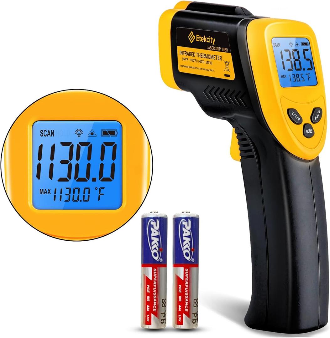 Etekcity Infrared Thermometer Laser Temperature Gun 1080, -58F~ 1130F for Meat Food Candy Pizza Oven, Heat Gun for Cooking, Kitchen, Fridge, Reptile, BBQ, HAVC, Adjustable Emissivity & Max Measure
