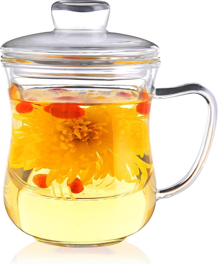 CNGLASS Glass Tea Cup with Removable Infuser and Lid,10oz Thickened Glass Infuser Mug,Borosilicate Glass Mug for Loose Leaf Tea,Teabags (Clear)