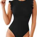 MANGOPOP Women's Body Suits Cute Crew Neck Ruffle Sleeveless Slim Fit Bodysuit Tank Tops Tight Casual Sexy (Black, XXL)