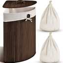 Gueevin Corner Bamboo Laundry Hamper with Lid and Removable Liner Corner Bamboo Laundry Basket with Handle Washing Clothes Basket Storage Bin for Bedroom Bathroom(Brown,Vertical Slatted), 14 x 14 x 24 inches