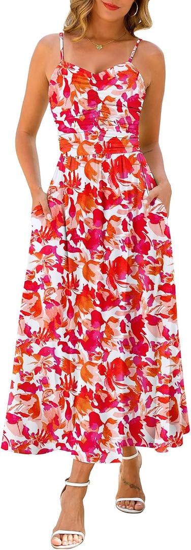 Maggeer Summer Spring Maxi Sundresses for Women 2026 Casual Boho Sleeveless Open Back Flowy Floral Outfits Fashion Hawaiian Beach Wedding Guest Flowy Long Dress Orange Red M