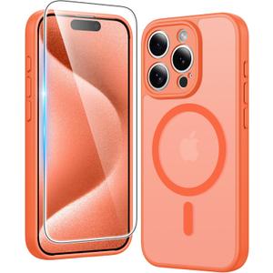 FNTCASE for iPhone 15 Pro Case: Matte Magnetic Phone Cases with Screen Protector Compatible with Magsafe Slim Anti Yellowing Rugged Shockproof Protective Translucent Cell Phone Cover (C-Orange)