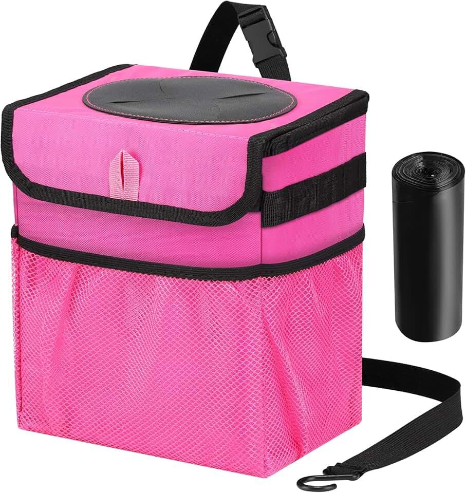 Car Trash Can Foldable Garbage Bin Leakproof 2.3 Gallons Car Trash Bag Pink