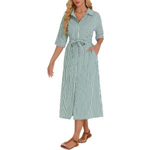 Women's Half Sleeve Plaid Maxi Dress 2026 Spring Summer Gingham Casual Button Down Long Loose Belted Dress (Small, Green)