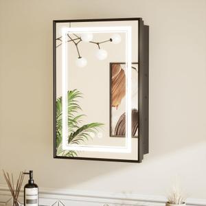 TETOTE Black Lighted Medicine Cabinet with Tempered Glass Mirror 16 x 24 Black Metal Led Recessed Medicine Cabinet for Bathroom with Lights and Storage, 3 Color Dimming, Anti-Fog, 2 Outlets