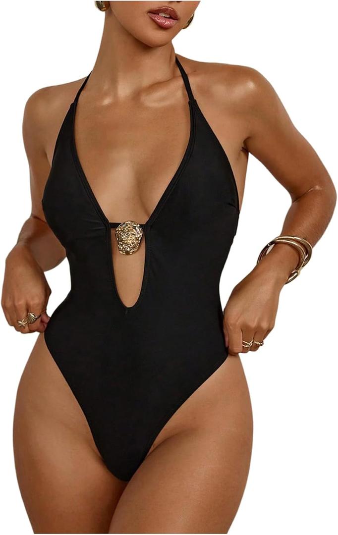 Milumia Women's One Piece Metal Cut Out Halter Swimsuit Sexy Deep V Neck Open Back Swimwear (Medium, Black)