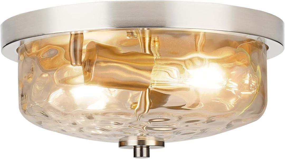 Brushed Nickel Flush Mount Light, Kitchen Ceiling Fixture with Water Ripple Glass Shade, 2-Light Outdoor Porch Flush Mounts for Hallway, Foyer, Entryway, Bathroom
