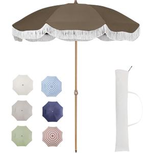 Tempera 7ft Outdoor Patio Umbrella with Carry Bag,Beach Umbrella with Fringe|Vintage Tassel Umbrella with Prime Steel Pole and Ribs Push Button Tilt,Ideal for Garden Lawn,UPF50+ (KHAKI)