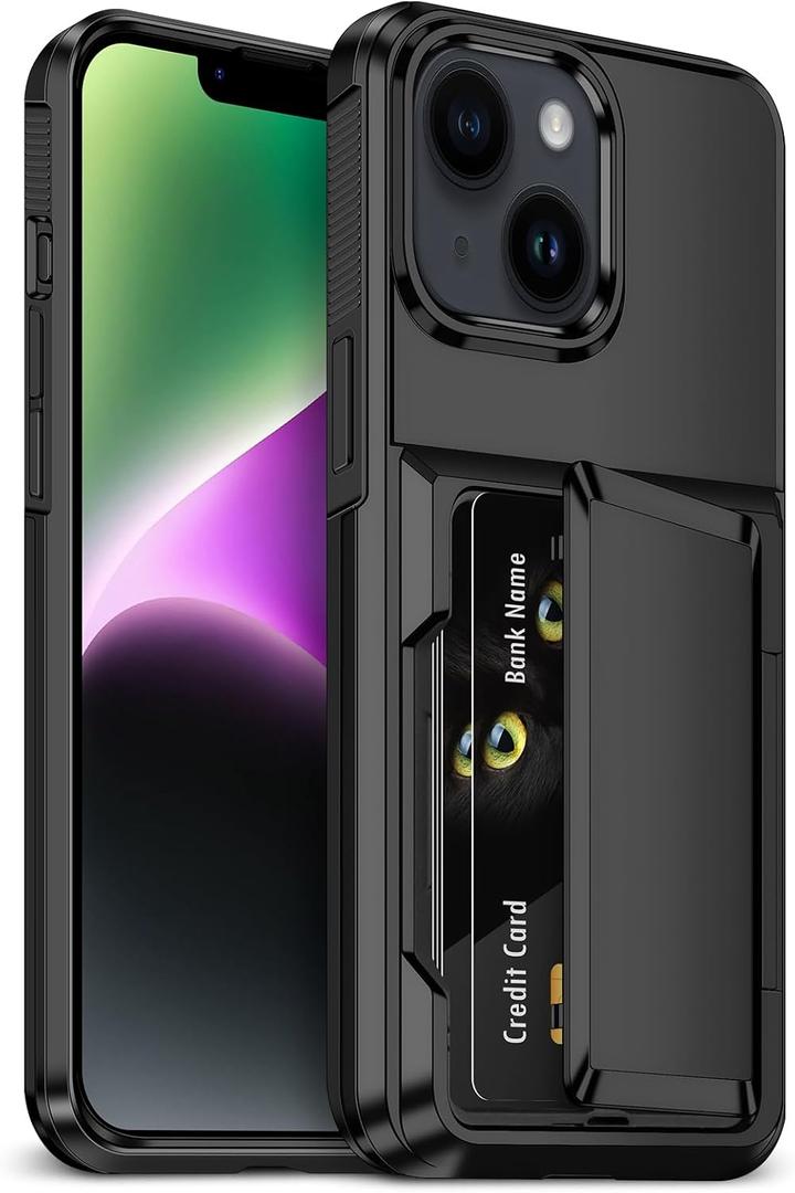 for iPhone 14 Case with Card Holder [Max 5 Cards] Heavy Duty Protective Shockproof Case Dual Layer Hidden Sliding Card Slot Wallet Case for iPhone 14 Phone Case Women&Men 6.1'' (Black)