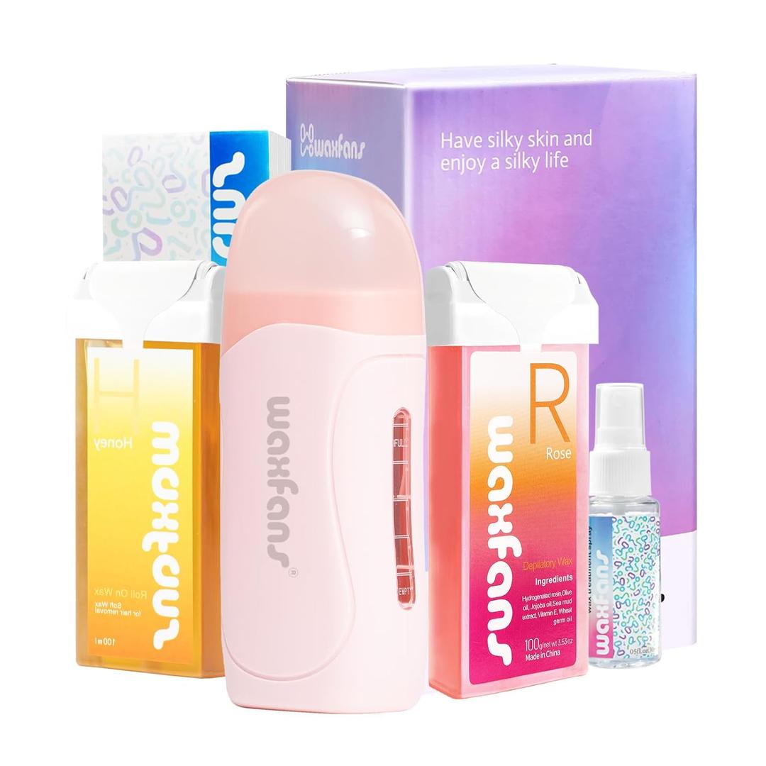 Waxfans Roll on Wax Kit, Waxing Kit for Women and Men, Wax Roller Waxing Kit for All Skin Types, Roll on Waxing Kit for Hair Removal, with Honey and Rose Wax Cartridges & 50 Pcs Wax Strips (Pink)