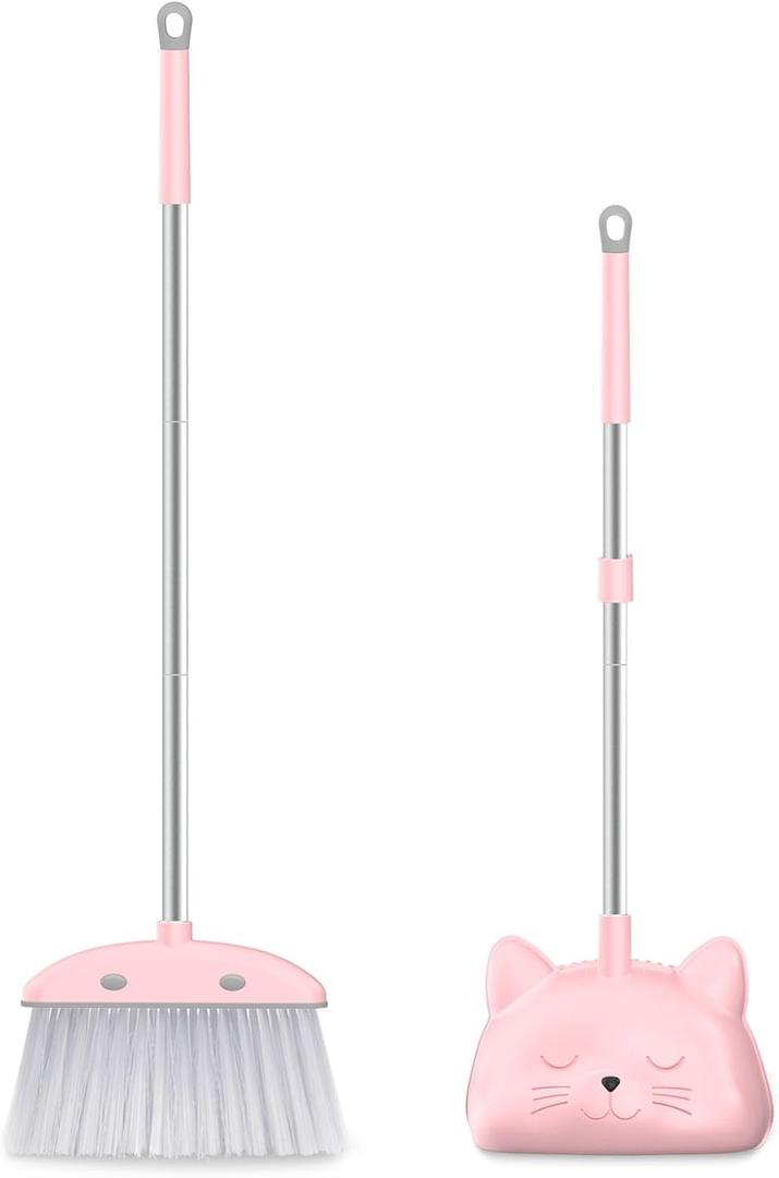 Mini Broom with Dustpan for Kids, 28-in Handle Kids Broom and Dustpan Set for Toddlers Cat-Shaped Children Broom and Cleaning Set Boys Girls Small Housekeeping Helper Set, Pink