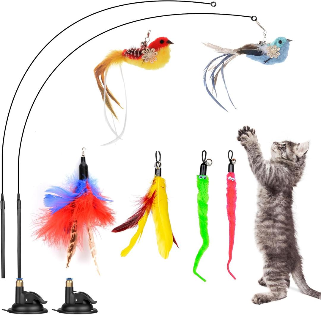Oziral Cat Feather Toys, 10PCS Toys with Super Suction Cup, 2PCS Detachable Wand & 6PCS Replacement Teaser Refills, Interactive Indoor Cat Play