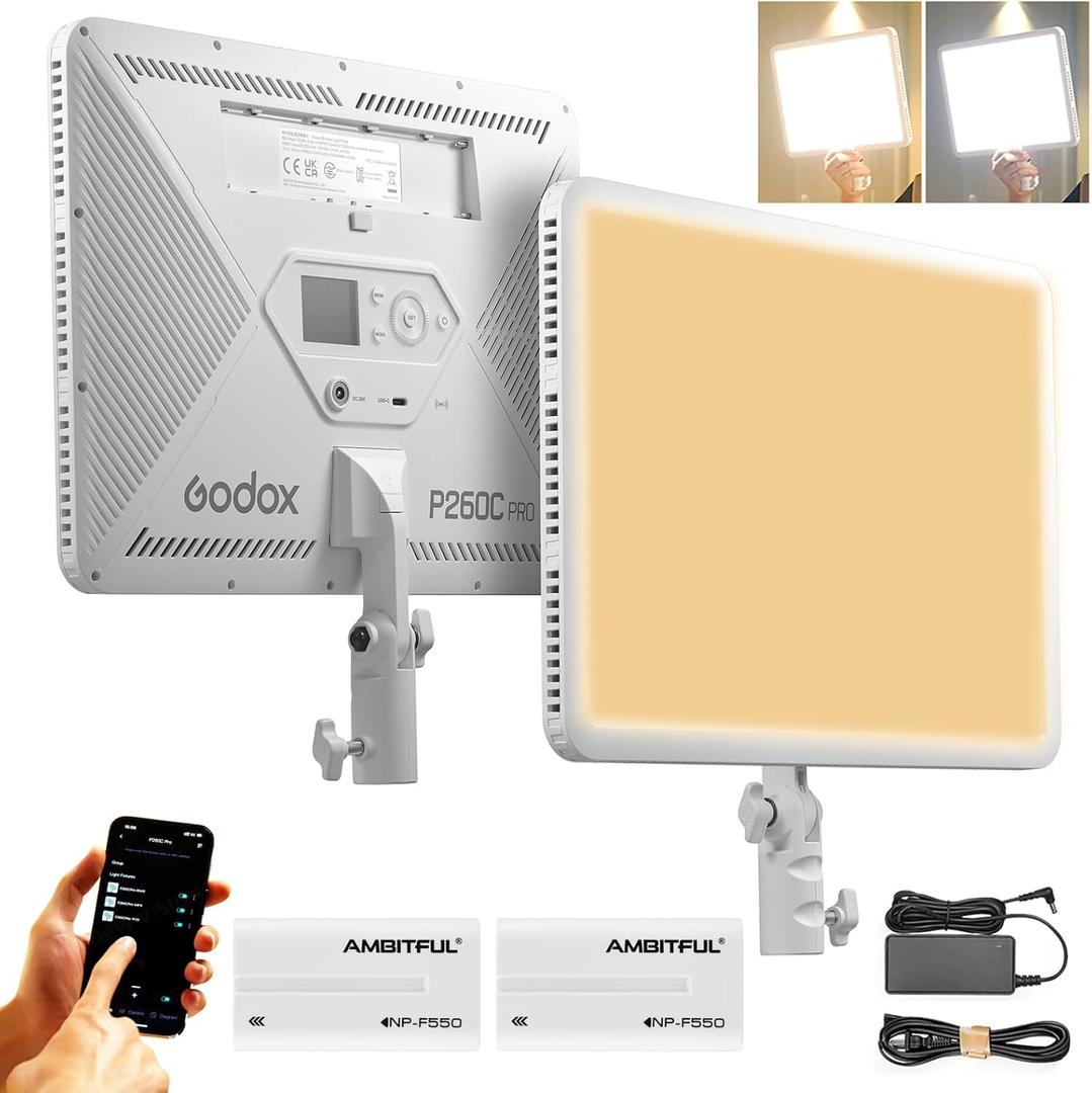 GODOX P260C Pro 45W LED Video Light Panel, Bi-Color 2800K-6500K,CRI/TLCI 98+,NFC Automatic Pairing,with NP-F550 Battery for Photography, Studio Video Lighting, TikTok, YouTube, Vlog, Live Stream