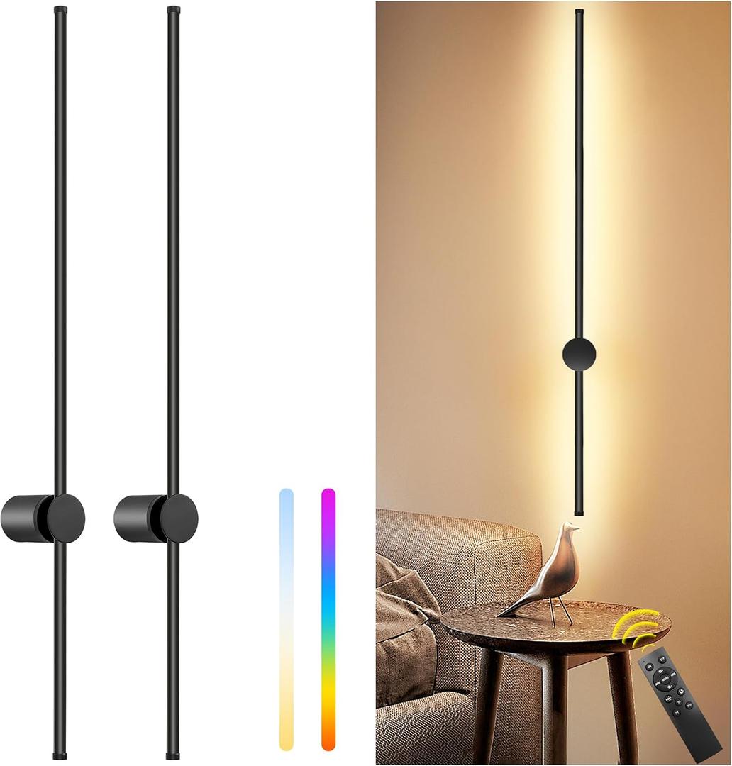 39.4 Inch Battery Operated Wall Sconces Set of Two, 12000mAh Rechargeable Wall Sconce with Remote Control, Dimmable LED Wireless Wall Lights for Bedroom, Living Room, 15 Colors, 180 Rotate, Black