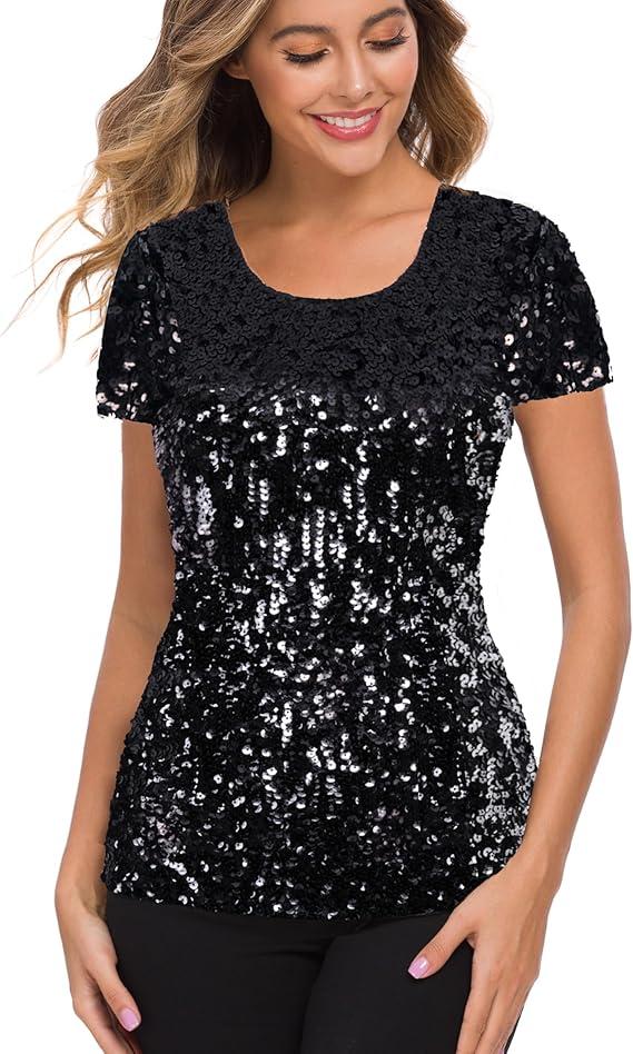 MANER Women’s Full Sequin Tops Glitter Party Shirt Short Sleeve Sparkle Blouses S 