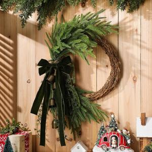 Dingion Large Vintage Cow Bell Christmas Norfolk Wreath 24.8in Vintage Grapevine Wreath for Farmhouse Christmas Decor for Kitchen Cabinet Window Fireplace Front Door Hanging Indoor Outdoor