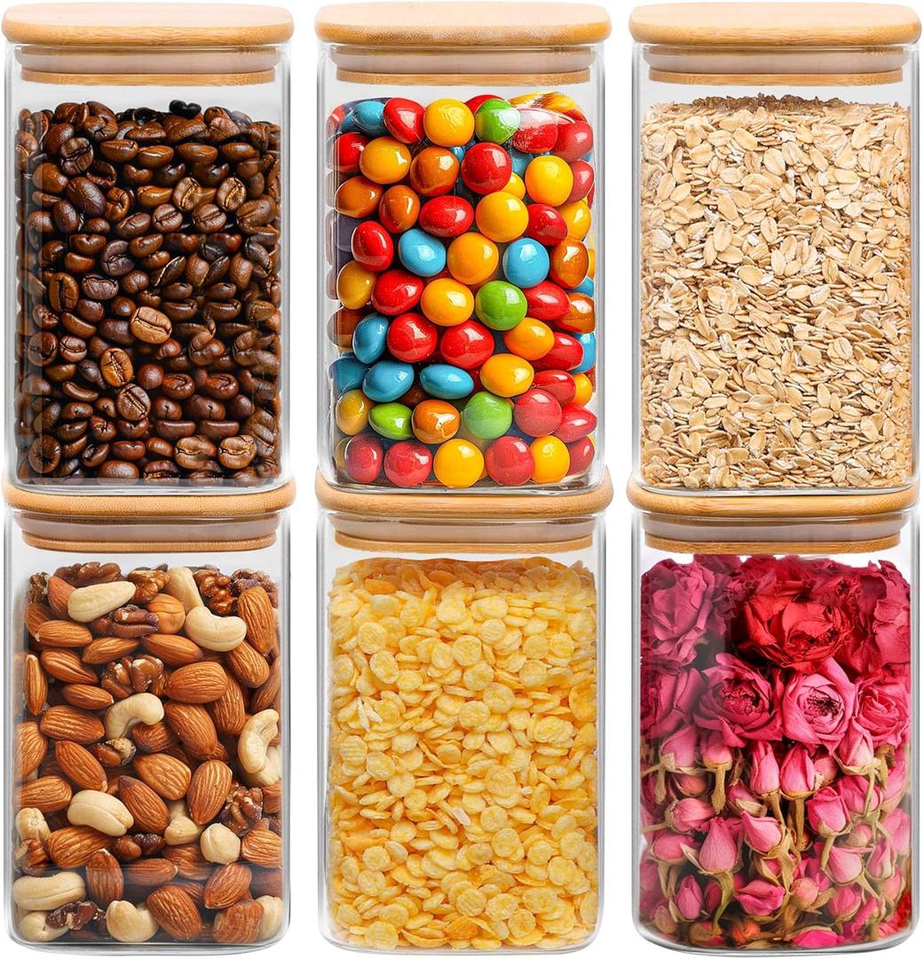 ComSaf 37 oz Glass Storage Containers with Lids, Glass Jars with Lids, Clear Food Jar, Square Canister Set of 6, Pantry Organizers and Storage for Cookie Flour Oat Pasta Tea Coffee Bean