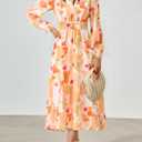 PRETTYGARDEN Women's Floral Midi Dress Casual Fall V Neck Long Sleeve Flowy Spring Beach Wedding Guest Vacation Dresses (Pink, L)
