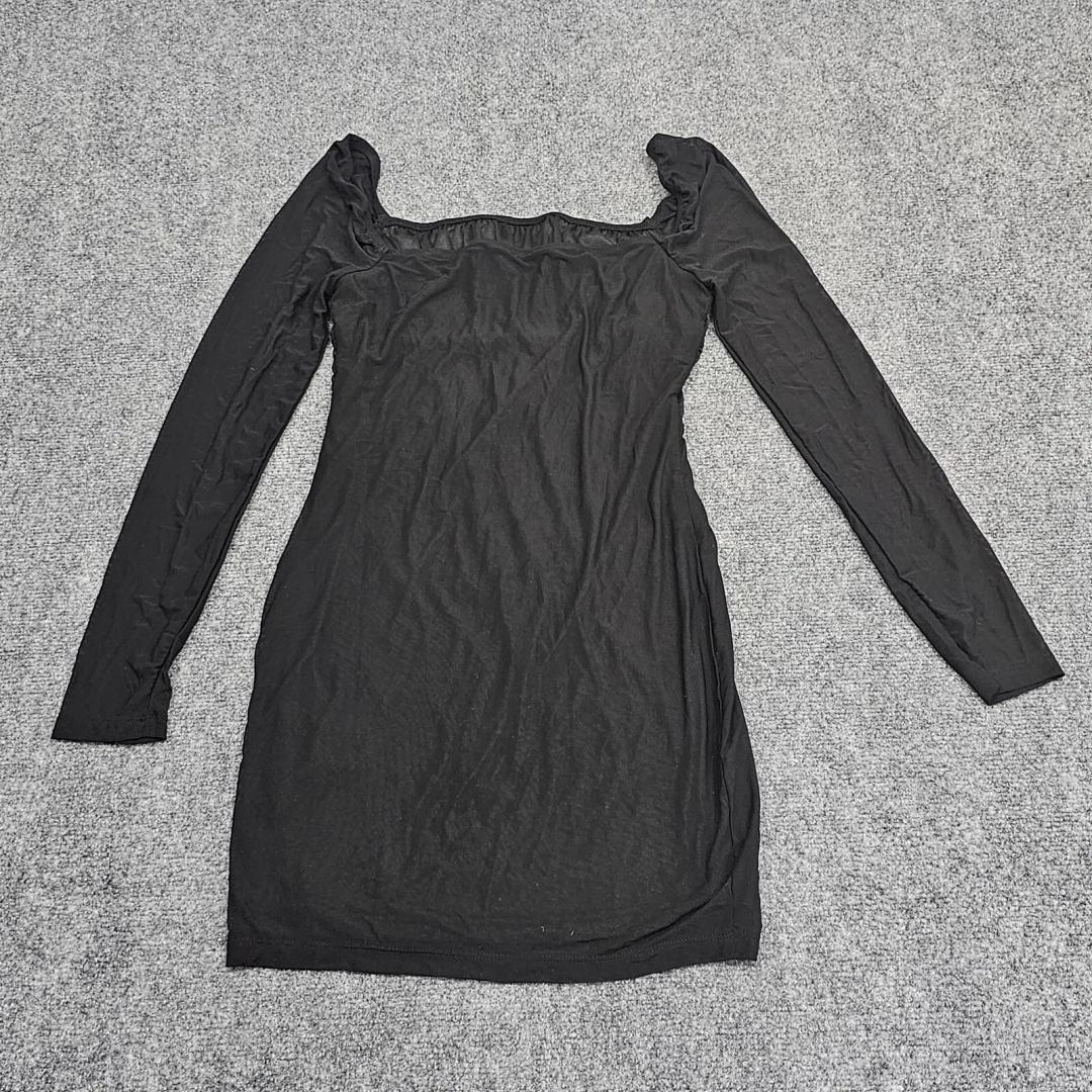 WDIRARA Women's Square Neck Mesh Long Sleeve Ruched Bodycon Short Dress Black,medium
